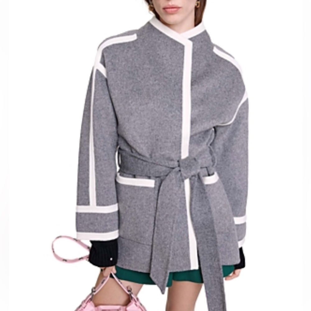 Maje Gicolora Contrast Trim Belted Coat Size European 40